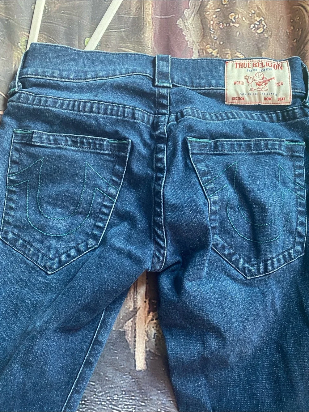 True Religion Men’s Dark Blue Denim Jeans with White Label - relaxed skinny